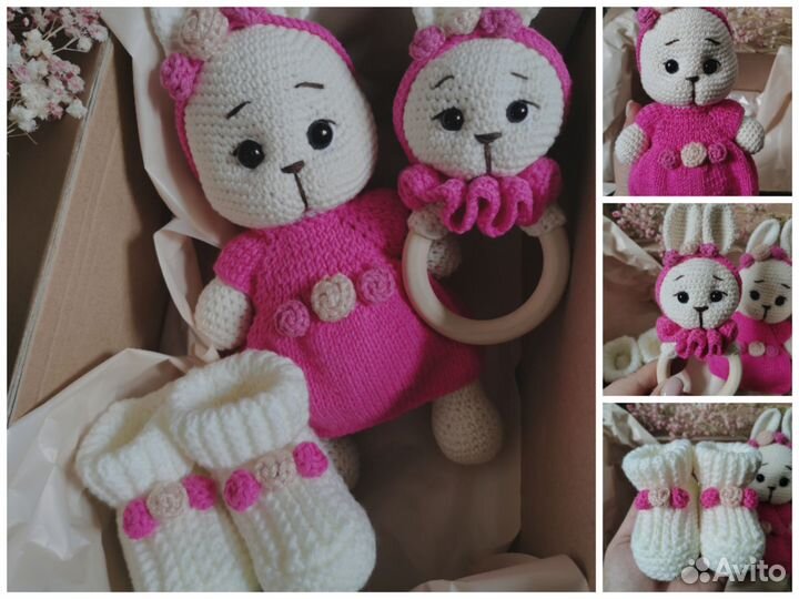 Вязаный набор игрушка погремушка пинетки ручная