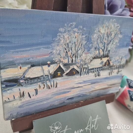 Картина маслом пейзаж зимний миниатюра деревня