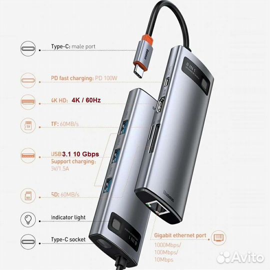USB хаб 8-in-1 Baseus USB-C Hub 4K/60Hz,USB3.0/3.1