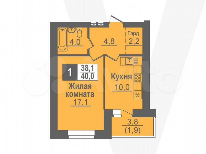 1-к. квартира, 40 м², 6/14 эт.