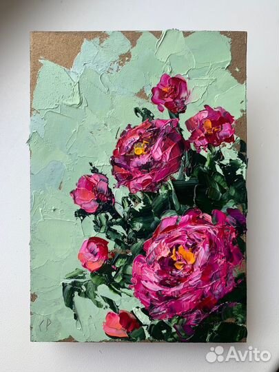 Картина маслом букет роз розовые цветы пионы
