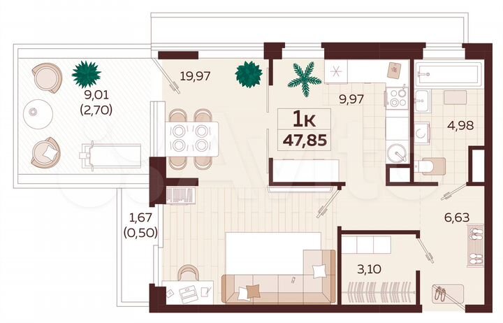 1-к. квартира, 47,9 м², 4/9 эт.