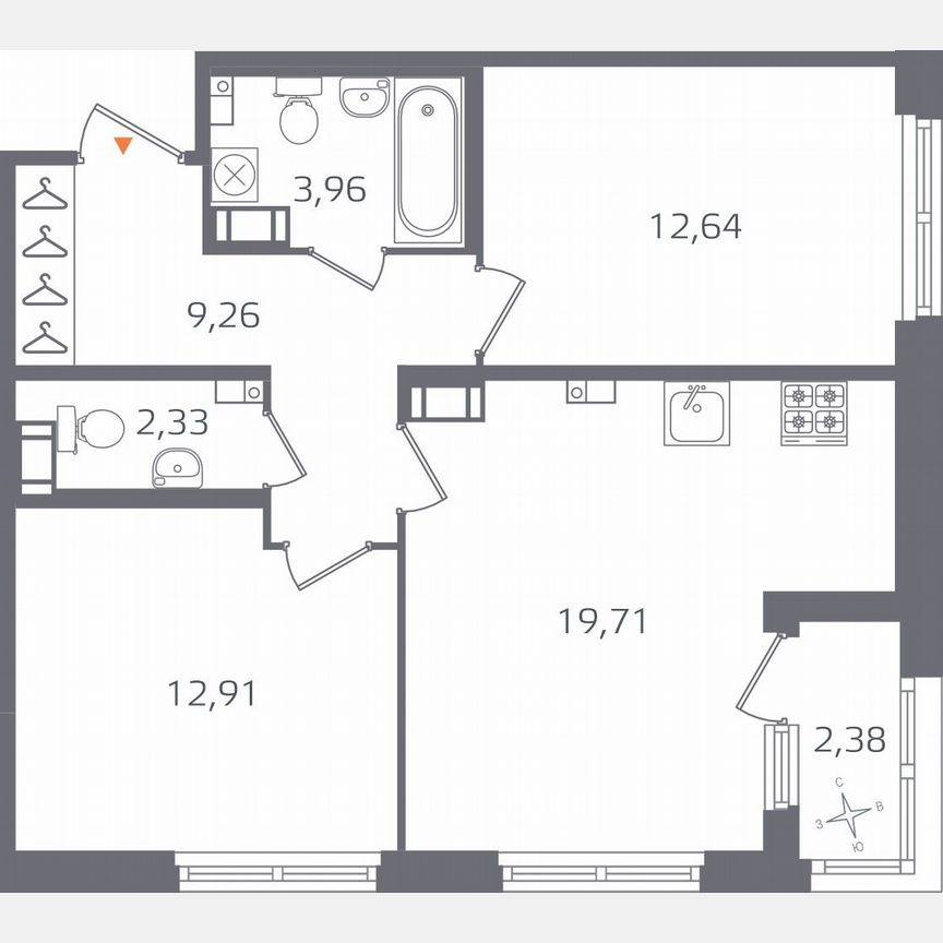 2-к. квартира, 62 м², 9/16 эт.