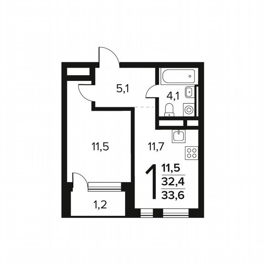 1-к. квартира, 33,6 м², 12/14 эт.