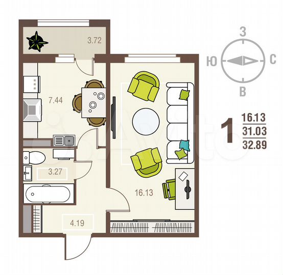 1-к. квартира, 32,9 м², 1/17 эт.