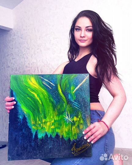 Картина маслом на холсте 40x40 «Северное сияние»