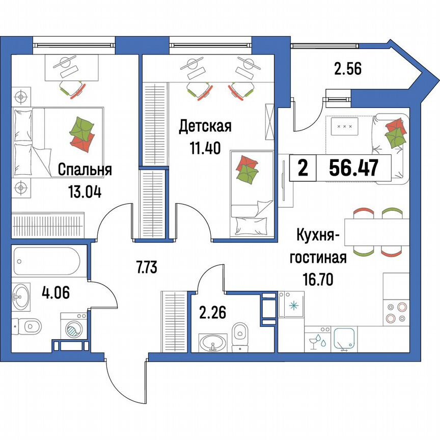 2-к. квартира, 56,5 м², 9/16 эт.