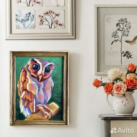 Ночная птица картина маслом в раме 27x34,5см сова