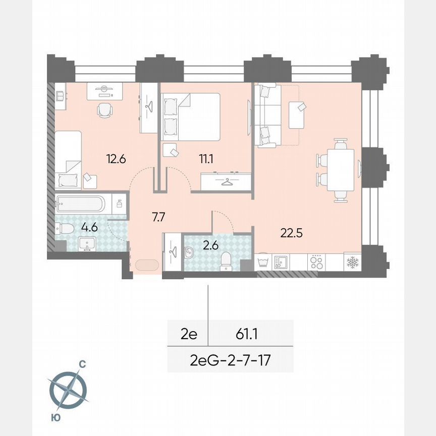 2-к. квартира, 61,1 м², 8/43 эт.