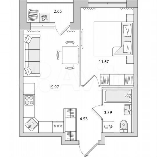 1-к. квартира, 38,4 м², 12/21 эт.