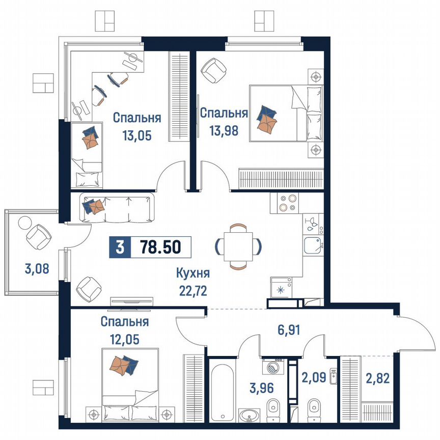3-к. квартира, 78,5 м², 15/18 эт.