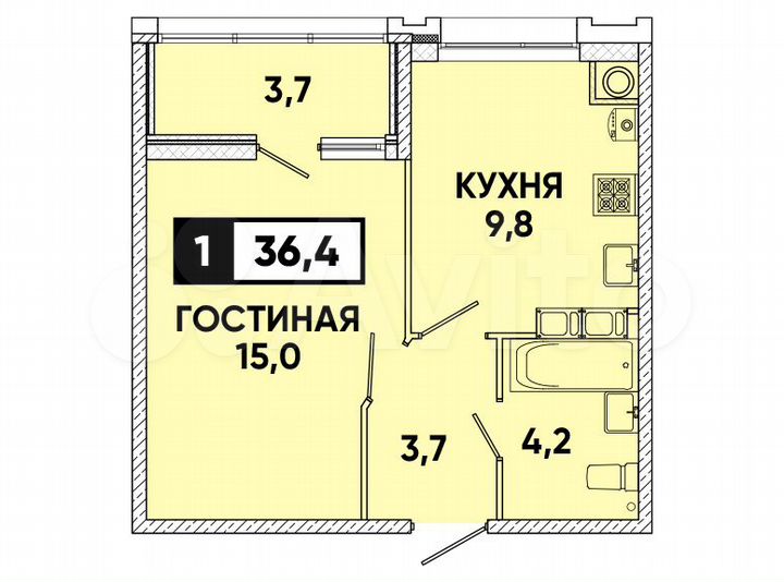 1-к. квартира, 36 м², 9/16 эт.