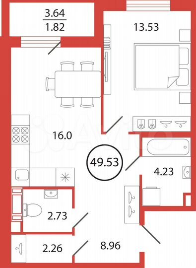 1-к. квартира, 49,5 м², 9/12 эт.