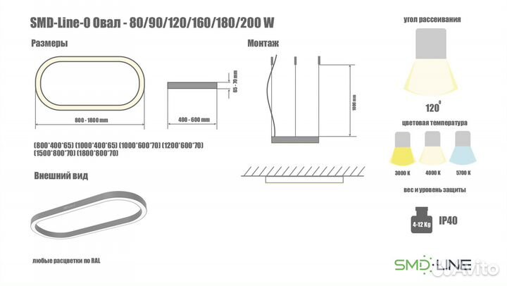 Светодиодный светильник форма овал 80W 800х400мм