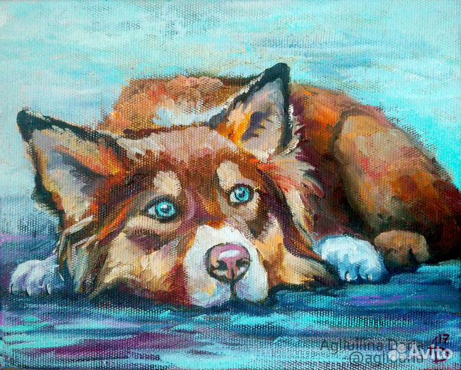 Картина маслом на холсте собака хаски