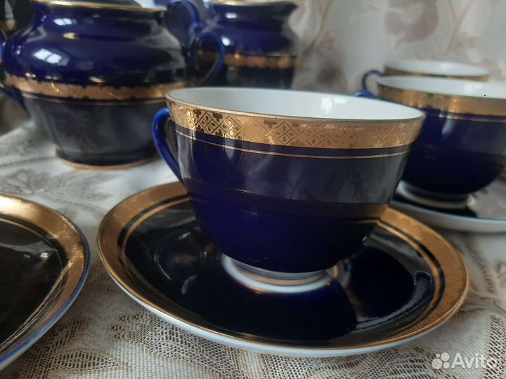 Чайный сервиз лфз СССР, кобальт с золотом
