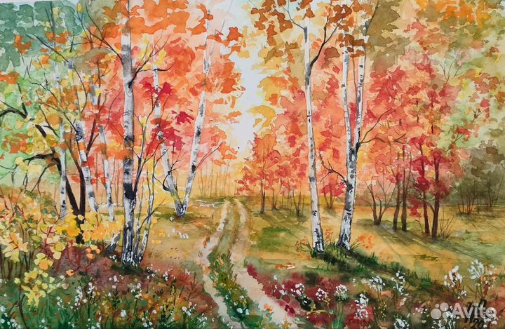 Пейзаж акварелью. Золотая осень. Картина 21х30