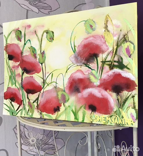 Картина алые маки акварель 270х390 мм