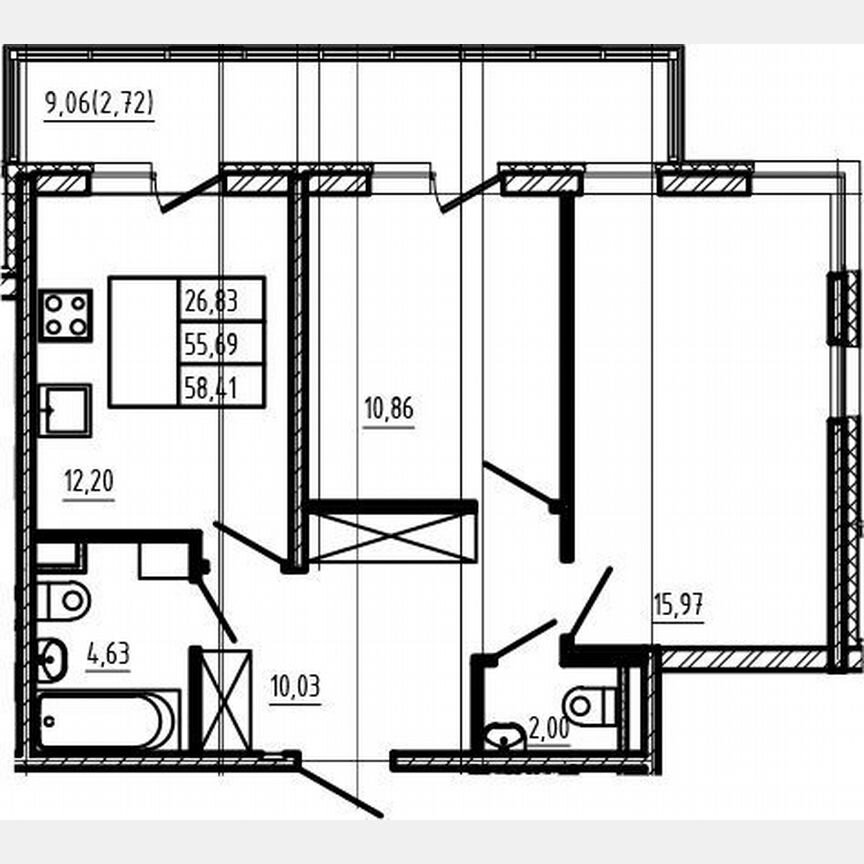 2-к. квартира, 55,7 м², 1/4 эт.