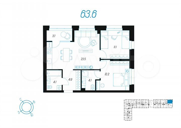 2-к. квартира, 63,6 м², 2/24 эт.
