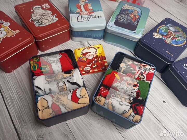 Носки высокие с принтом новогодние набор 3 пары