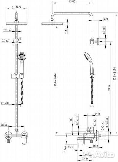 Душевая колонна смесителем для ванны, поворотный излив, хром