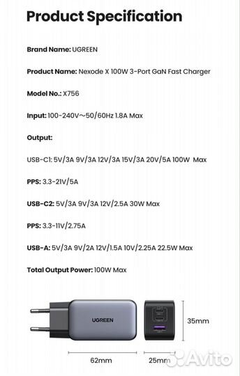 Зарядное устройство Ugreen Gan 100W