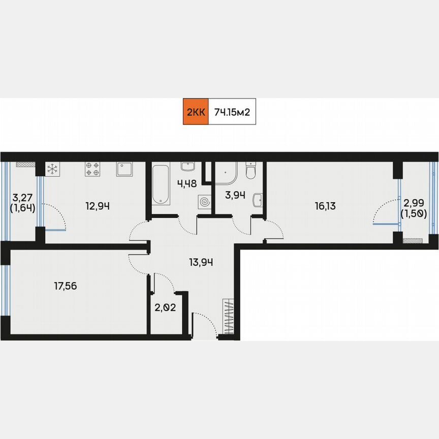 2-к. квартира, 74,3 м², 3/9 эт.