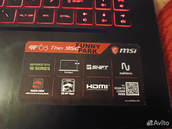 Игровой ноутбук MSI GF63Thin95C Видеокарта GTX1650