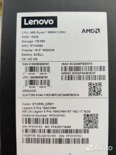 Ноутбук Lenovo Legion 5 Pro (R7 5800H+3060) Новый