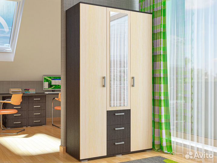 Шкаф 3-х дверный с ящиками и зеркалом шон-12