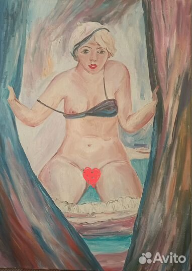 Картина маслом За занавеской. 70 на 50 см