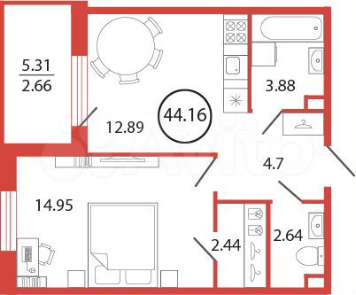 1-к. квартира, 44,2 м², 11/12 эт.