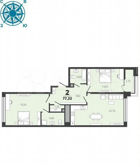 2-к. квартира, 77,2 м², 7/19 эт.