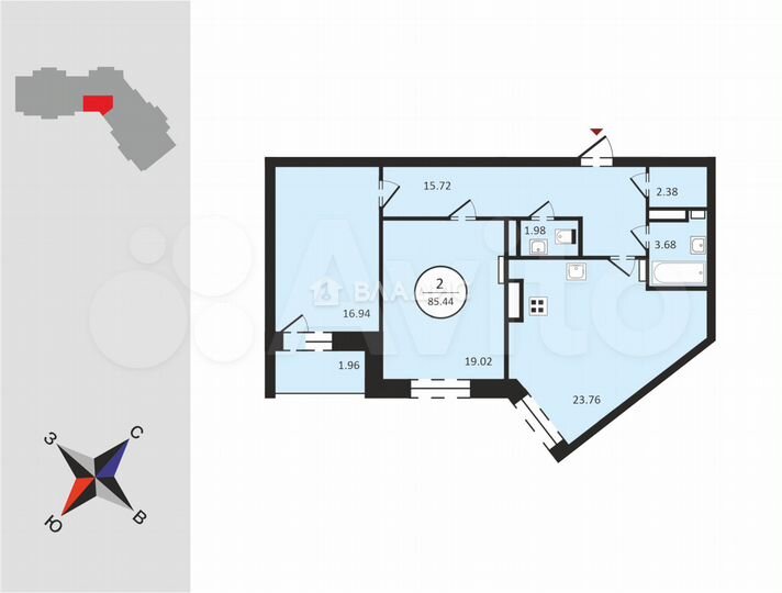 2-к. квартира, 85,4 м², 9/10 эт.