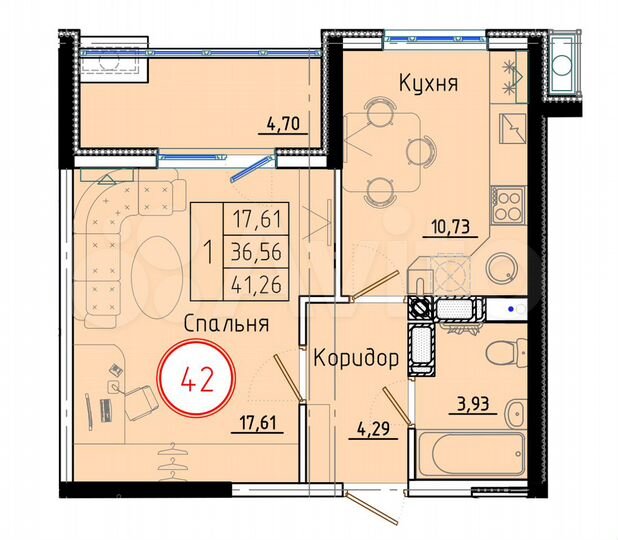 1-к. квартира, 41,3 м², 7/8 эт.