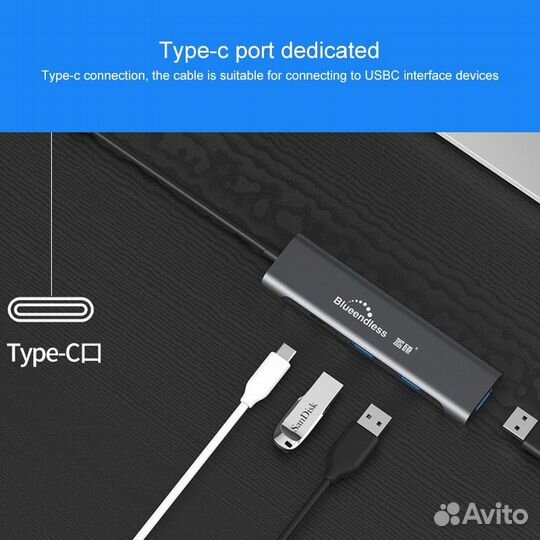 USB Хаб type-C на MacBook 4в1 blueendless