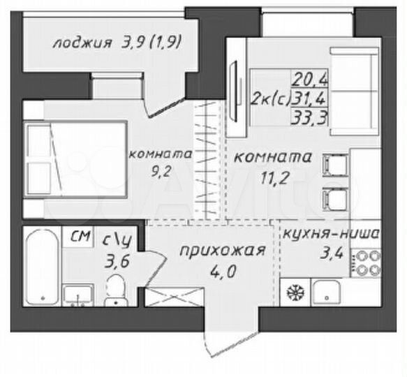 2-к. квартира, 33,1 м², 2/4 эт.