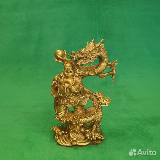 Бронзовая статуэтка Фен-шуй Хотей на драконе