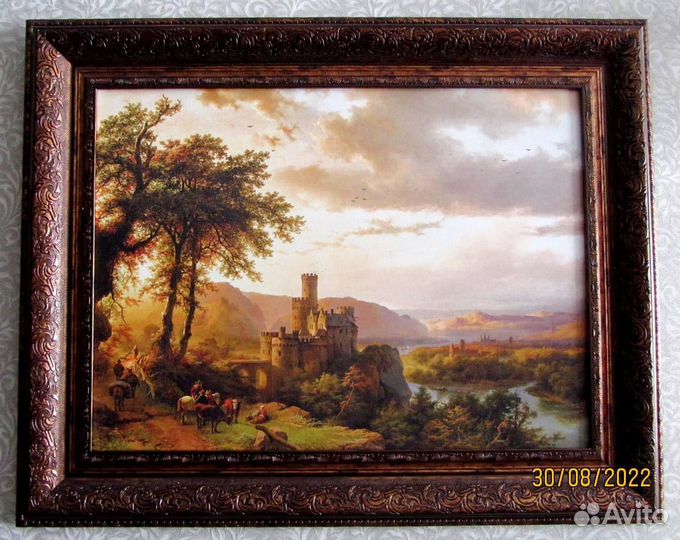 Картина 19 в. на холсте -Холмистый пейзаж с замком