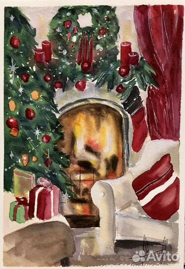 Открытки ручной работы акварель новый год