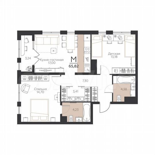 2-к. квартира, 65,8 м², 5/5 эт.
