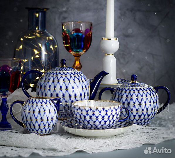 Сервиз чайный ифз кобальтовая сетка Тюльпан золото