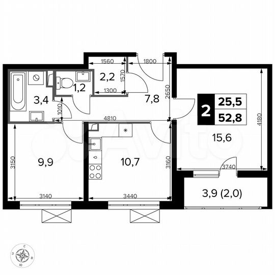 2-к. квартира, 52,8 м², 15/22 эт.