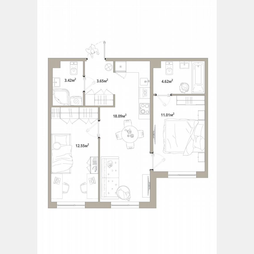 2-к. квартира, 53,3 м², 2/12 эт.