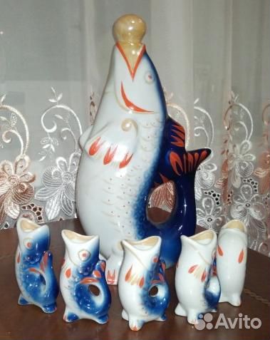 Фарфор. Рыбья семейка. Графин + стопки