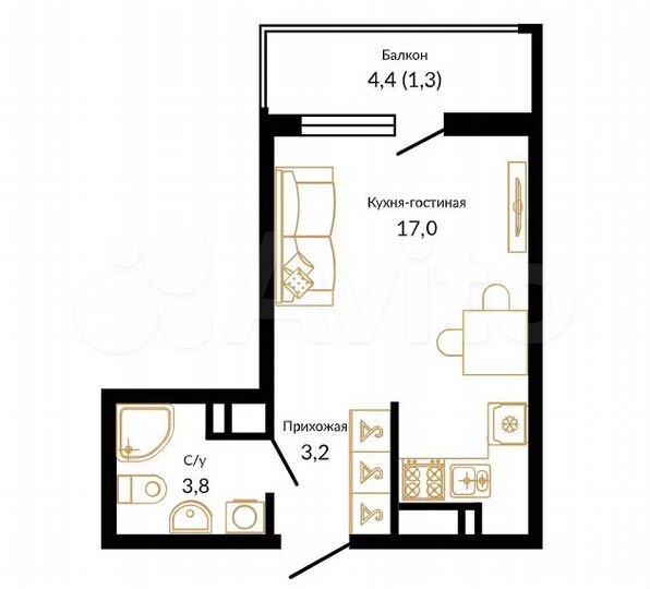 Квартира-студия, 25,3 м², 13/16 эт.