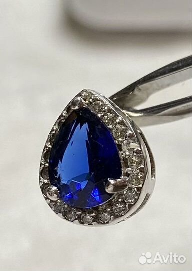 Серьги кулон серебро с сапфиром родирован