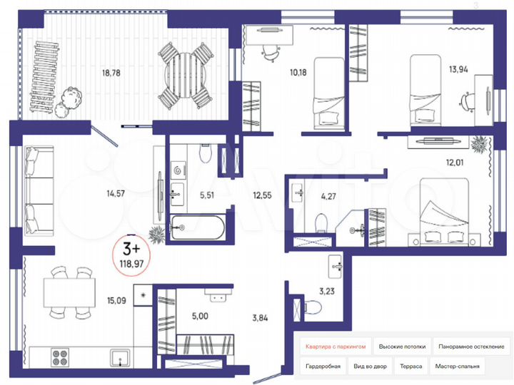 3-к. квартира, 119 м², 8/8 эт.