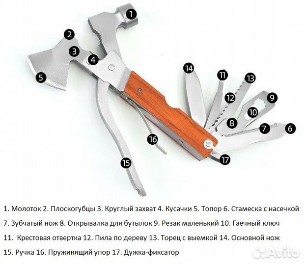 Мультитул туристический топор-молоток набор 15 в 1